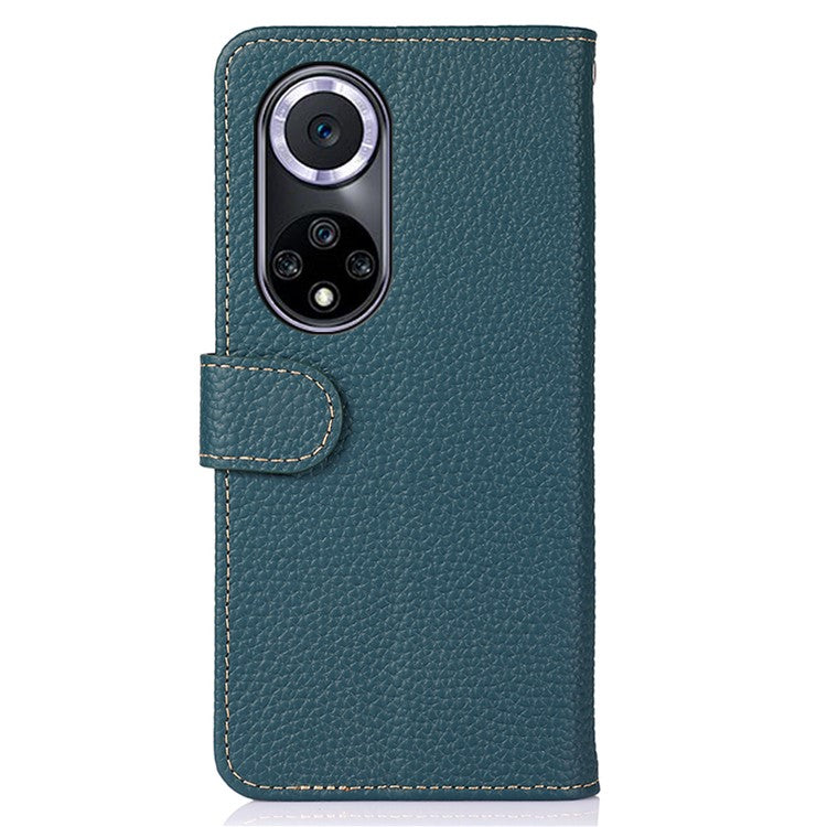 KHAZNEH Stand Litchi Texture Top Layer Flip Genuine Leather Wallet Magnetic Closure Protective Case for Honor 50 - Green