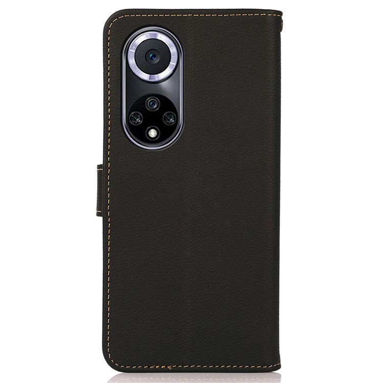 KHAZNEH Genuine Leather Stand RFID Blocking Anti-swiping Top Layer Wallet Magnetic Shockproof Cover for Honor 50 - Black