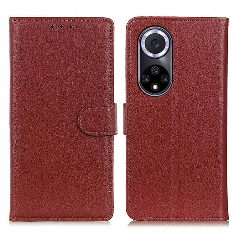Litchi Texture Scratch Resistant Shock-absorption PU Leather Stand Wallet Phone Case Cover for Honor 50 - Brown