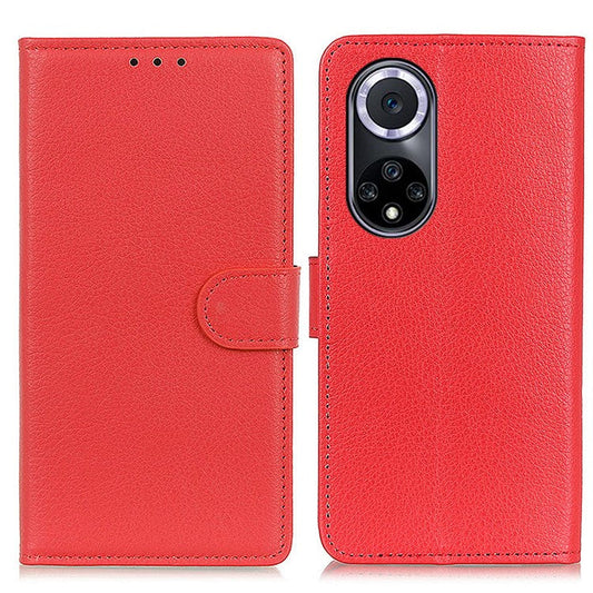 Litchi Texture Scratch Resistant Shock-absorption PU Leather Stand Wallet Phone Case Cover for Honor 50 - Red