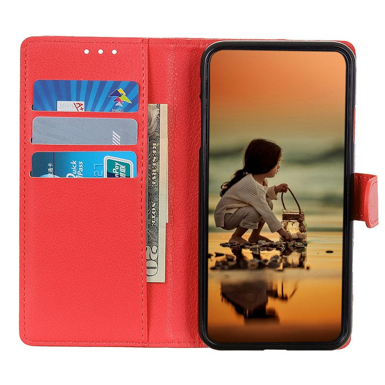Litchi Texture Scratch Resistant Shock-absorption PU Leather Stand Wallet Phone Case Cover for Honor 50 - Red