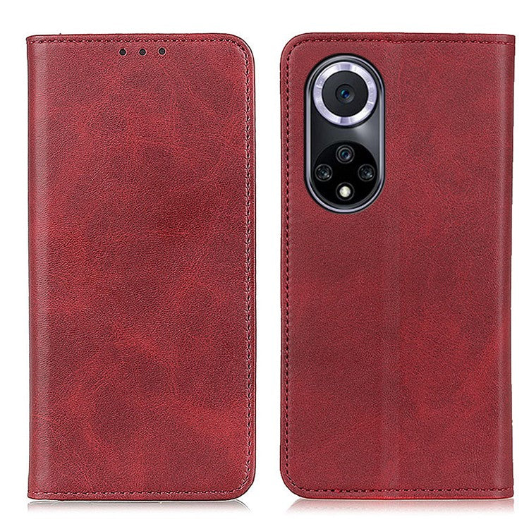 Magnetic Auto-absorbed Phone Case Shockproof Stand Split Leather Wallet Flip Phone Protective Cover for Honor 50 - Red