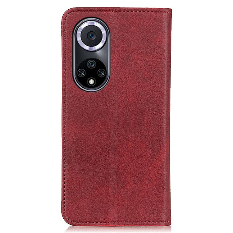 Magnetic Auto-absorbed Phone Case Shockproof Stand Split Leather Wallet Flip Phone Protective Cover for Honor 50 - Red