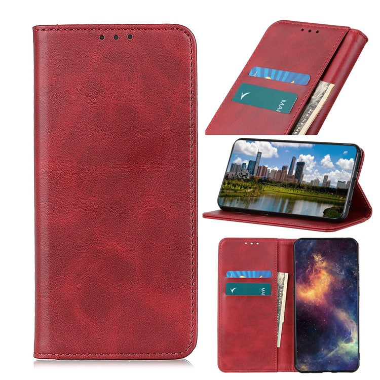 Magnetic Auto-absorbed Phone Case Shockproof Stand Split Leather Wallet Flip Phone Protective Cover for Honor 50 - Red