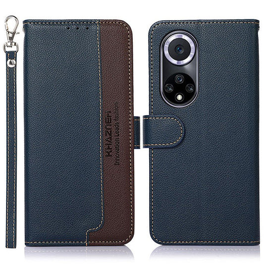 KHAZNEH RFID Blocking Litchi Texture Leather Wallet Phone Case Cover for Honor 50 - Blue