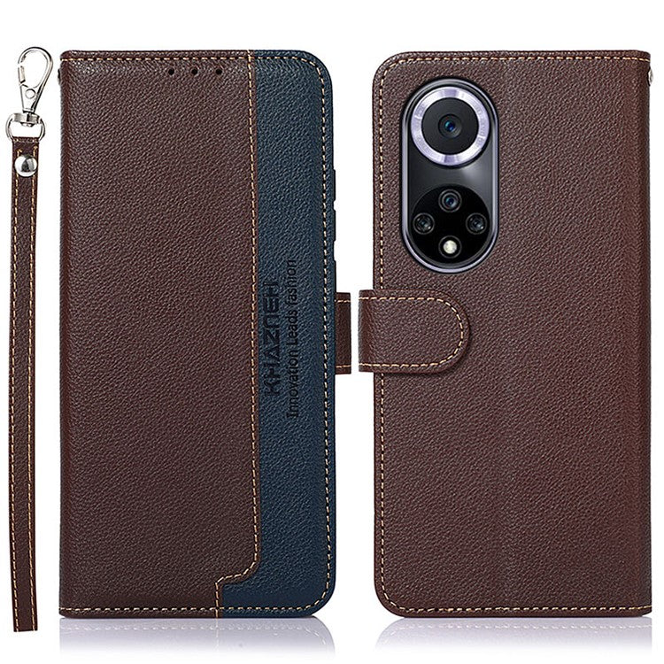 KHAZNEH RFID Blocking Litchi Texture Leather Wallet Phone Case Cover for Honor 50 - Brown
