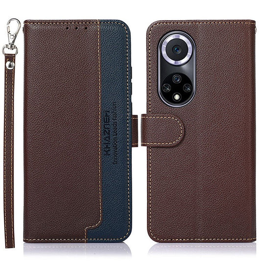 KHAZNEH RFID Blocking Litchi Texture Leather Wallet Phone Case Cover for Honor 50 - Brown