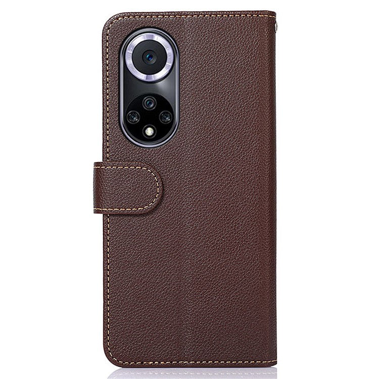 KHAZNEH RFID Blocking Litchi Texture Leather Wallet Phone Case Cover for Honor 50 - Brown