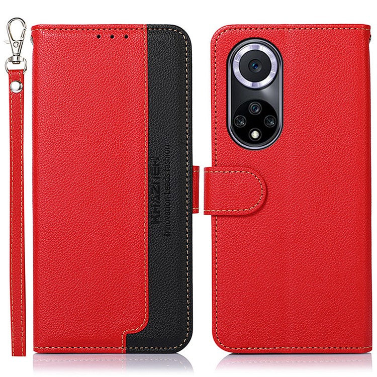 KHAZNEH RFID Blocking Litchi Texture Leather Wallet Phone Case Cover for Honor 50 - Red