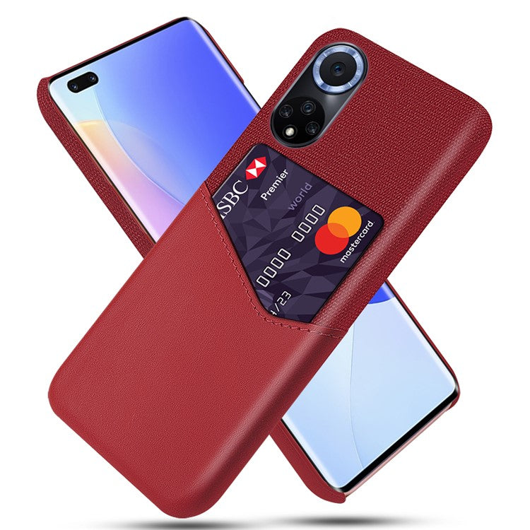 KSQ All-wrapped Back Cloth Texture PU Leather + PC Hybrid Phone Case Cover with Card Holder for Honor 50/Huawei nova 9 - Red