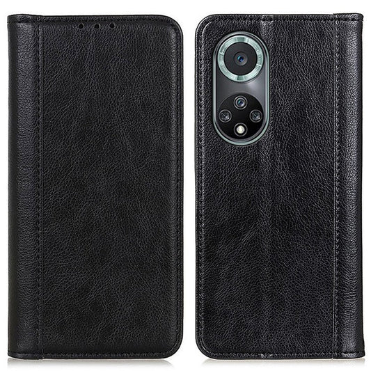 Magnetic Auto Closing Litchi Texture Split Leather Case Stand Wallet Phone Shell for Honor 50 Pro - Black