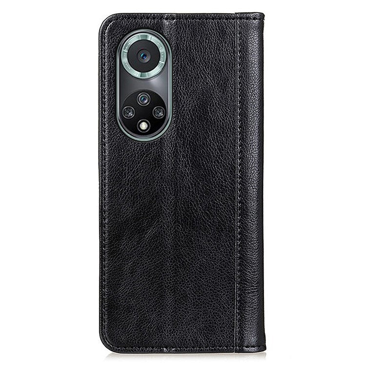 Magnetic Auto Closing Litchi Texture Split Leather Case Stand Wallet Phone Shell for Honor 50 Pro - Black