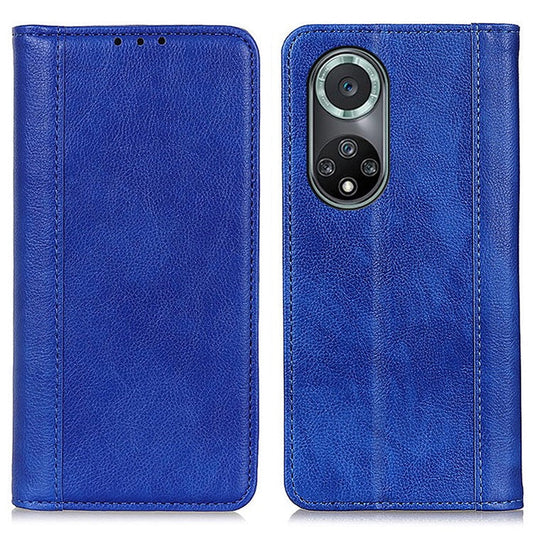 Magnetic Auto Closing Litchi Texture Split Leather Case Stand Wallet Phone Shell for Honor 50 Pro - Blue