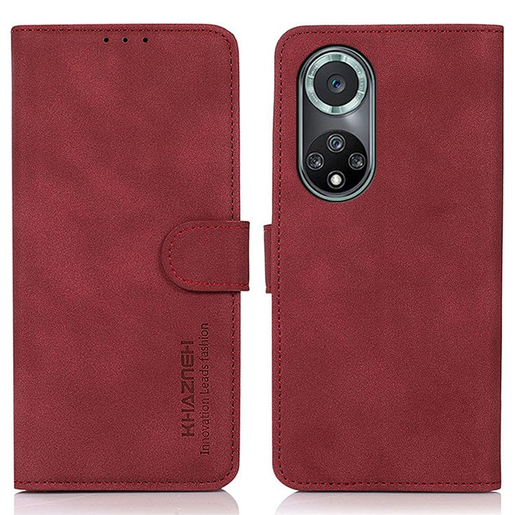 KHAZNEH Textured Leather Dual-sided Magnetic Clasp Phone Cover Stand Wallet Case for Honor 50 Pro - Red