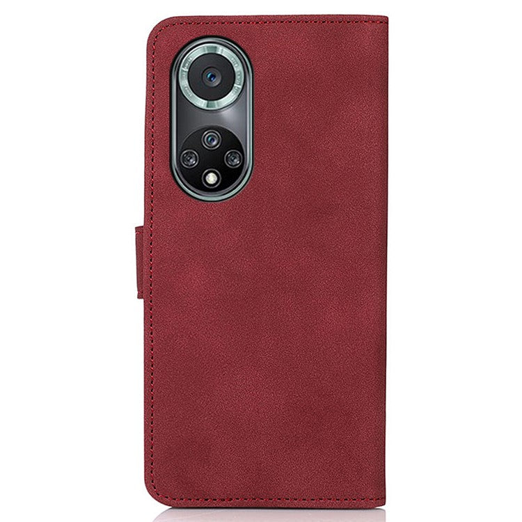 KHAZNEH Textured Leather Dual-sided Magnetic Clasp Phone Cover Stand Wallet Case for Honor 50 Pro - Red
