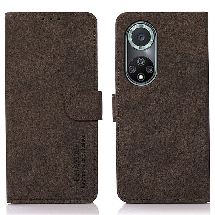 KHAZNEH Textured Leather Dual-sided Magnetic Clasp Phone Cover Stand Wallet Case for Honor 50 Pro - Brown