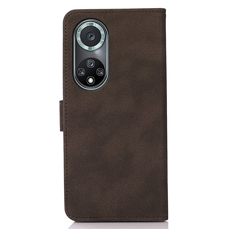 KHAZNEH Textured Leather Dual-sided Magnetic Clasp Phone Cover Stand Wallet Case for Honor 50 Pro - Brown