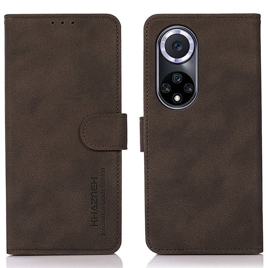 KHAZNEH Drop-resistant Textured Leather Protective Phone Wallet Cover Stand Case for Honor 50 - Brown