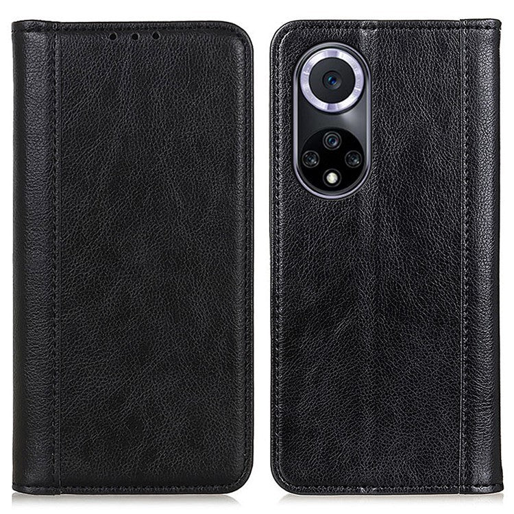 Auto Closing Magnet Litchi Texture Split Leather Phone Case with Stand Wallet for Honor 50 - Black