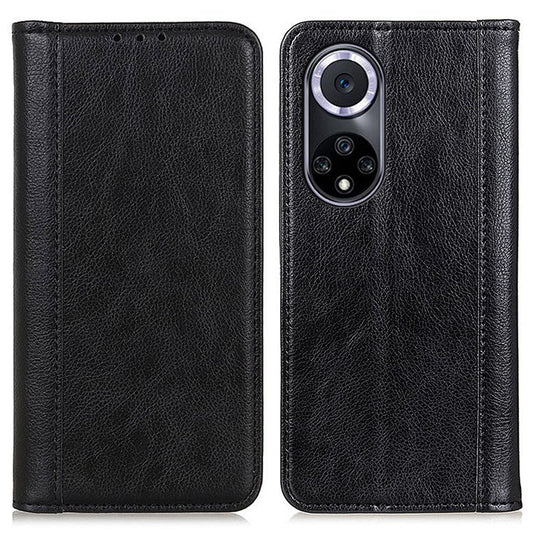 Auto Closing Magnet Litchi Texture Split Leather Phone Case with Stand Wallet for Honor 50 - Black