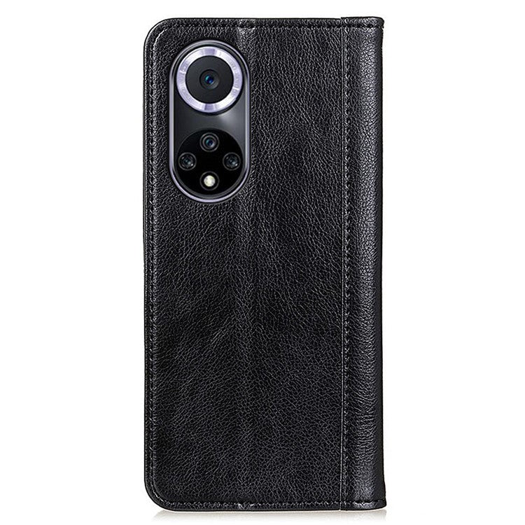 Auto Closing Magnet Litchi Texture Split Leather Phone Case with Stand Wallet for Honor 50 - Black
