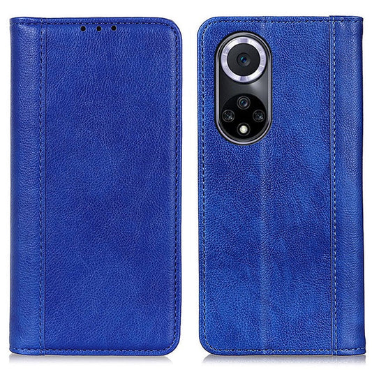 Auto Closing Magnet Litchi Texture Split Leather Phone Case with Stand Wallet for Honor 50 - Blue