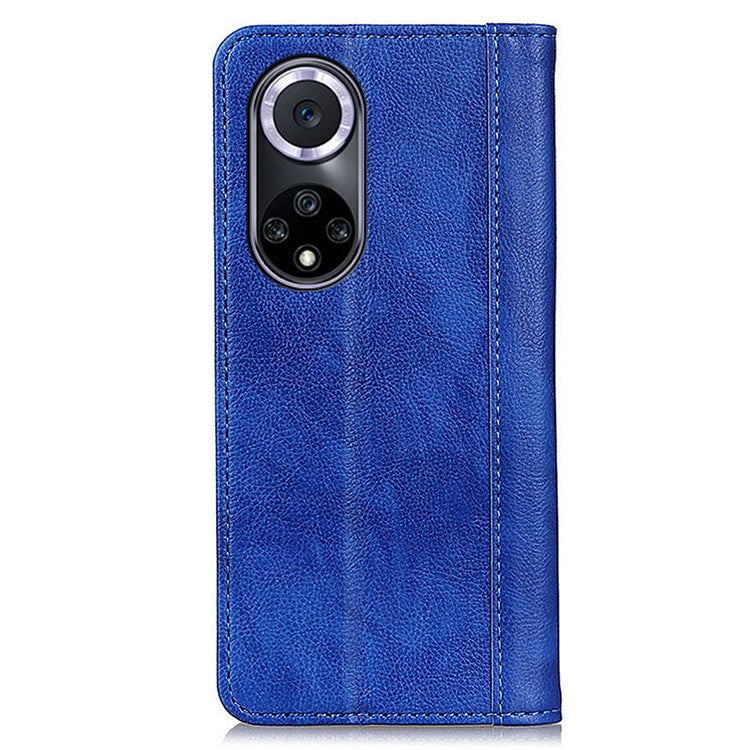 Auto Closing Magnet Litchi Texture Split Leather Phone Case with Stand Wallet for Honor 50 - Blue