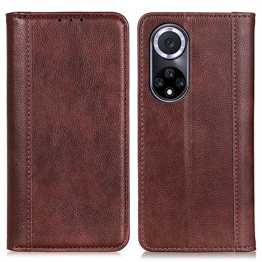 Auto Closing Magnet Litchi Texture Split Leather Phone Case with Stand Wallet for Honor 50 - Brown