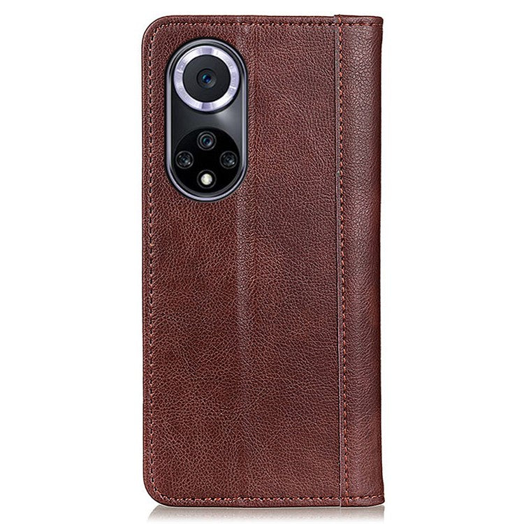 Auto Closing Magnet Litchi Texture Split Leather Phone Case with Stand Wallet for Honor 50 - Brown