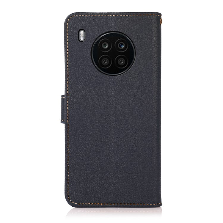KHAZNEH Top Layer Genuine Leather RFID Blocking Well-Protected Anti-Fall Stand Wallet Folio Flip Case for Honor 50 Lite/Huawei nova 8i - Blue
