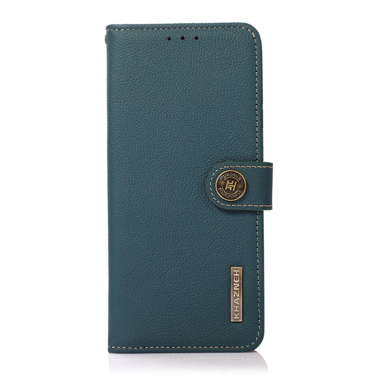 KHAZNEH Top Layer Genuine Leather RFID Blocking Well-Protected Anti-Fall Stand Wallet Folio Flip Case for Honor 50 Lite/Huawei nova 8i - Green
