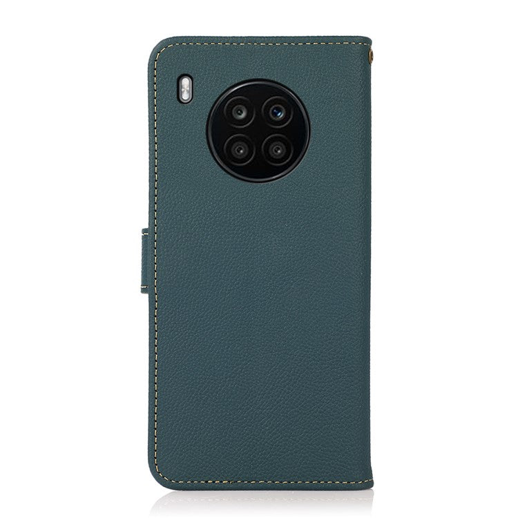 KHAZNEH Top Layer Genuine Leather RFID Blocking Well-Protected Anti-Fall Stand Wallet Folio Flip Case for Honor 50 Lite/Huawei nova 8i - Green