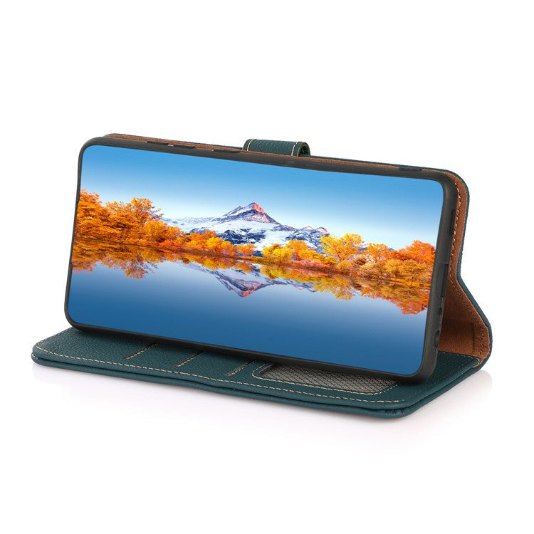 KHAZNEH Top Layer Genuine Leather RFID Blocking Well-Protected Anti-Fall Stand Wallet Folio Flip Case for Honor 50 Lite/Huawei nova 8i - Green