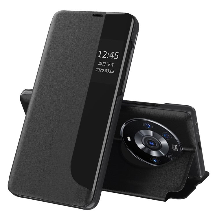 Smart View Window Stand Design PU Leather Anti-fall All-inclusive Protection Folio Flip Cover for Honor Magic3 Pro - Black