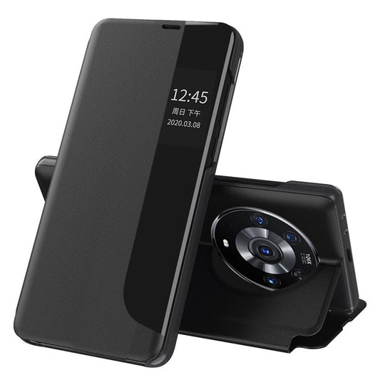 Smart View Window Stand Design PU Leather Anti-fall All-inclusive Protection Folio Flip Cover for Honor Magic3 Pro - Black