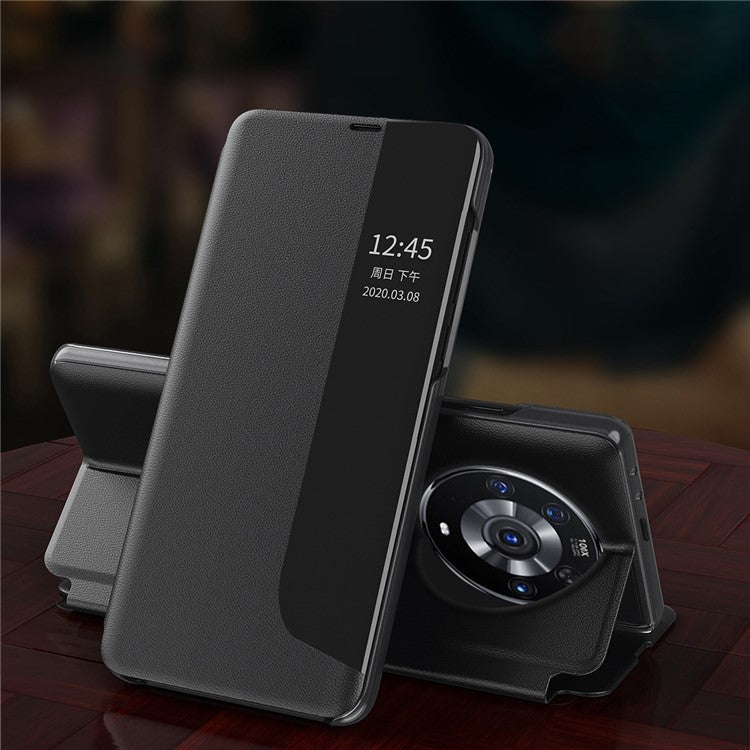 Smart View Window Stand Design PU Leather Anti-fall All-inclusive Protection Folio Flip Cover for Honor Magic3 Pro - Orange