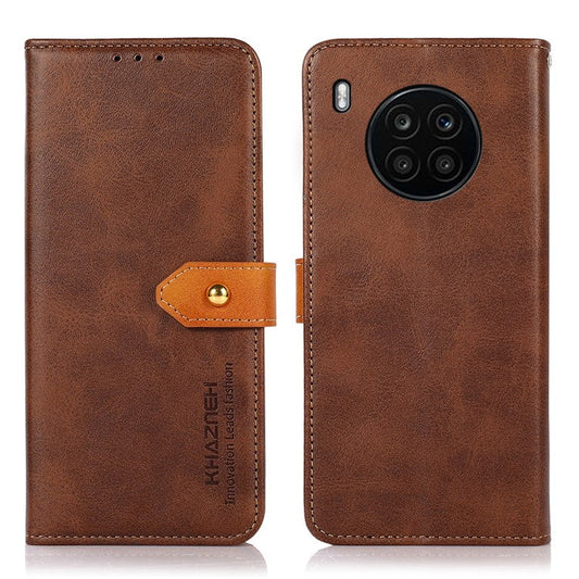 KHAZNEH All-round Protection Magnetic Golden Clasp PU Leather Phone Flip Cover Stand Wallet Shell for Honor 50 Lite/Huawei nova 8i - Brown