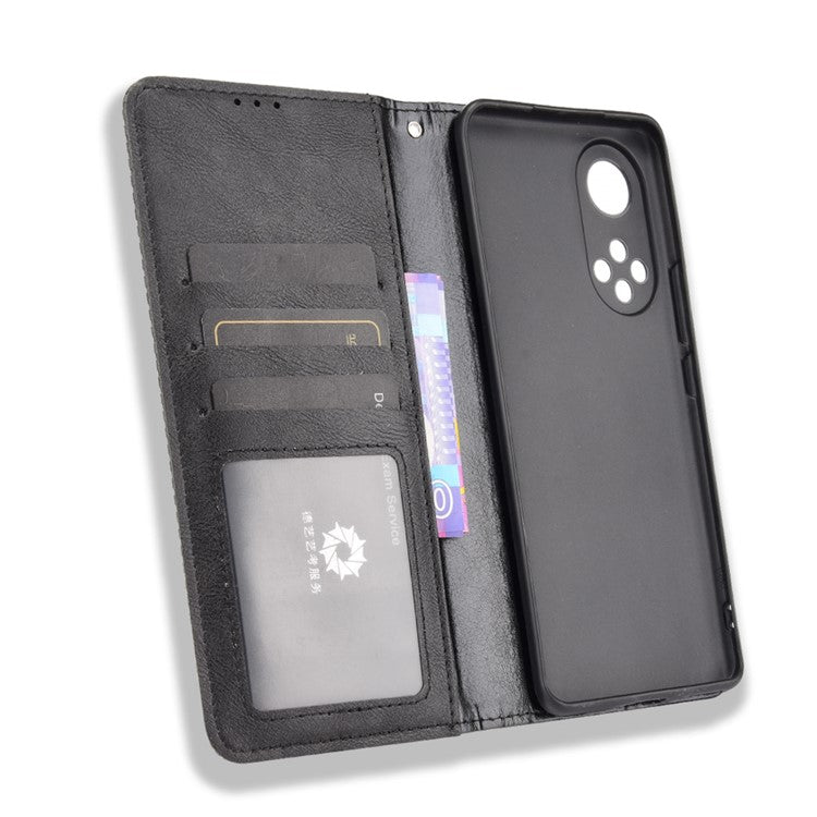 Scratch Resistant Case Wallet Retro Textured Surface Anti-Drop Phone Leather Stand Cover for Honor 50 - Black