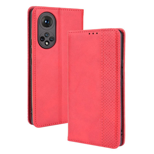 Scratch Resistant Case Wallet Retro Textured Surface Anti-Drop Phone Leather Stand Cover for Honor 50 - Red