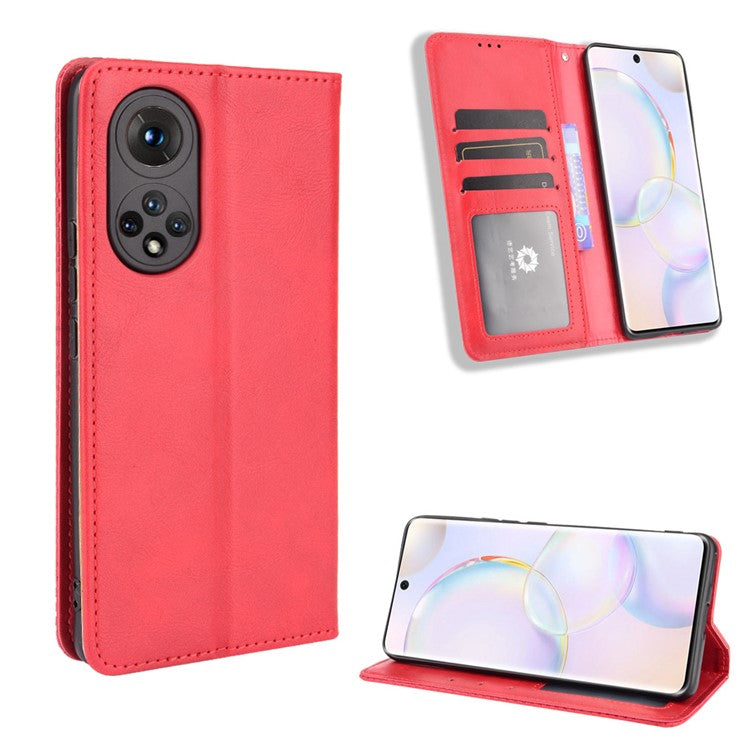 Scratch Resistant Case Wallet Retro Textured Surface Anti-Drop Phone Leather Stand Cover for Honor 50 - Red
