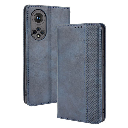 Scratch Resistant Case Wallet Retro Textured Surface Anti-Drop Phone Leather Stand Cover for Honor 50 - Blue