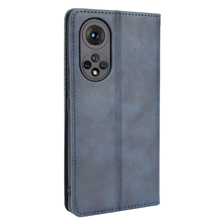 Scratch Resistant Case Wallet Retro Textured Surface Anti-Drop Phone Leather Stand Cover for Honor 50 - Blue