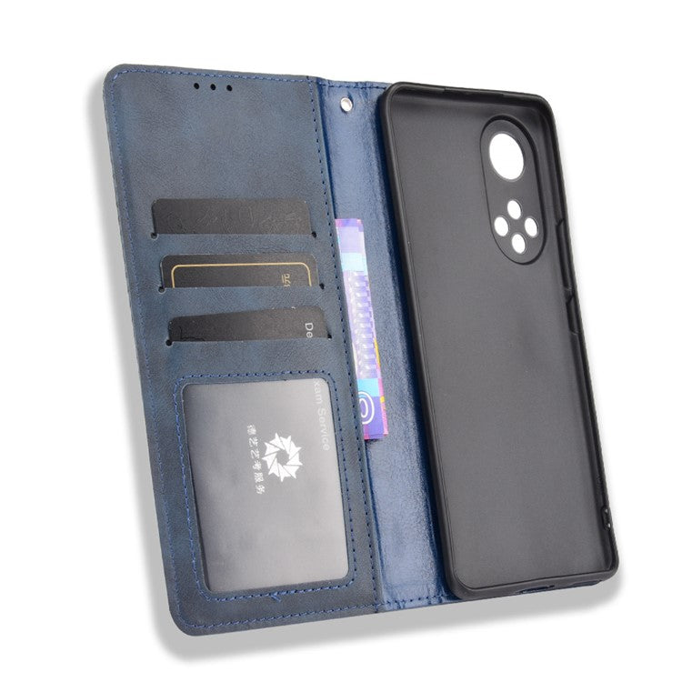 Scratch Resistant Case Wallet Retro Textured Surface Anti-Drop Phone Leather Stand Cover for Honor 50 - Blue