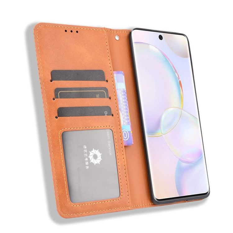 Scratch Resistant Case Wallet Retro Textured Surface Anti-Drop Phone Leather Stand Cover for Honor 50 - Brown