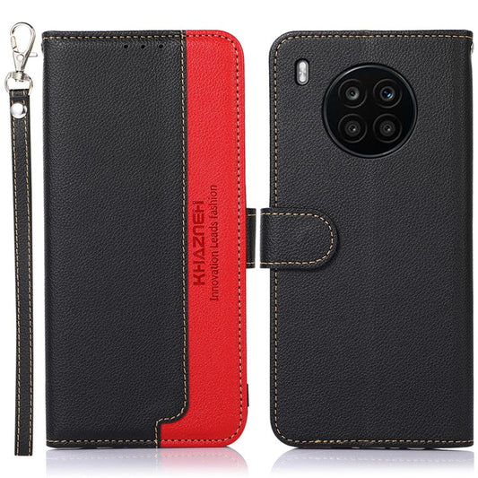 KHAZNEH RFID Blocking Anti-theft Swiping Stand Litchi Texture PU Leather Flip Folio Wallet Phone Case with Strap for Honor 50 Lite / Huawei nova 8i - Black