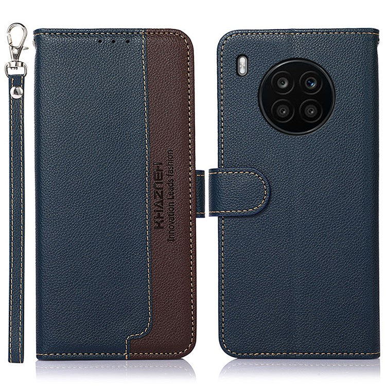 KHAZNEH RFID Blocking Anti-theft Swiping Stand Litchi Texture PU Leather Flip Folio Wallet Phone Case with Strap for Honor 50 Lite / Huawei nova 8i - Blue