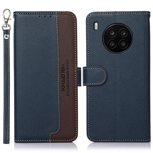 KHAZNEH RFID Blocking Anti-theft Swiping Stand Litchi Texture PU Leather Flip Folio Wallet Phone Case with Strap for Honor 50 Lite / Huawei nova 8i - Blue