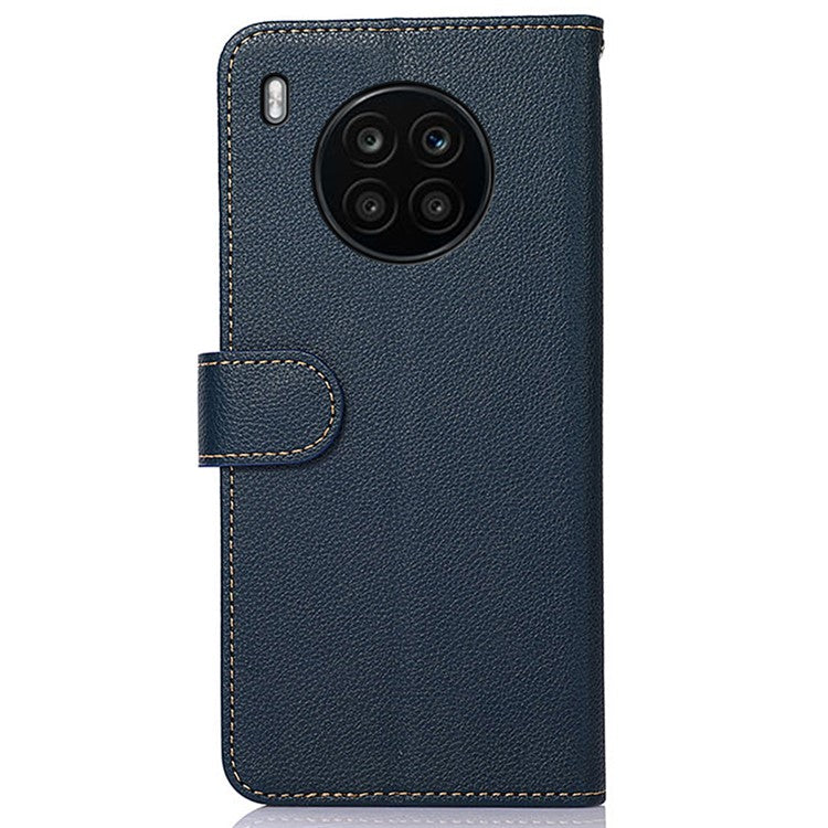 KHAZNEH RFID Blocking Anti-theft Swiping Stand Litchi Texture PU Leather Flip Folio Wallet Phone Case with Strap for Honor 50 Lite / Huawei nova 8i - Blue