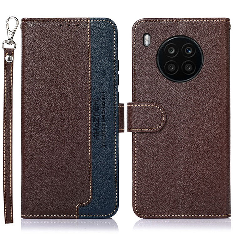 KHAZNEH RFID Blocking Anti-theft Swiping Stand Litchi Texture PU Leather Flip Folio Wallet Phone Case with Strap for Honor 50 Lite / Huawei nova 8i - Brown