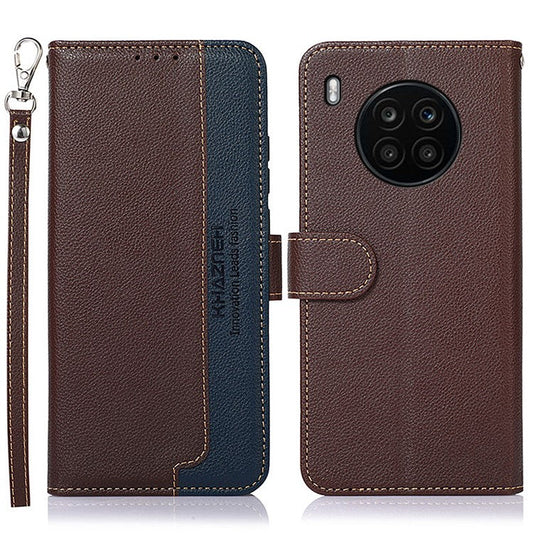 KHAZNEH RFID Blocking Anti-theft Swiping Stand Litchi Texture PU Leather Flip Folio Wallet Phone Case with Strap for Honor 50 Lite / Huawei nova 8i - Brown